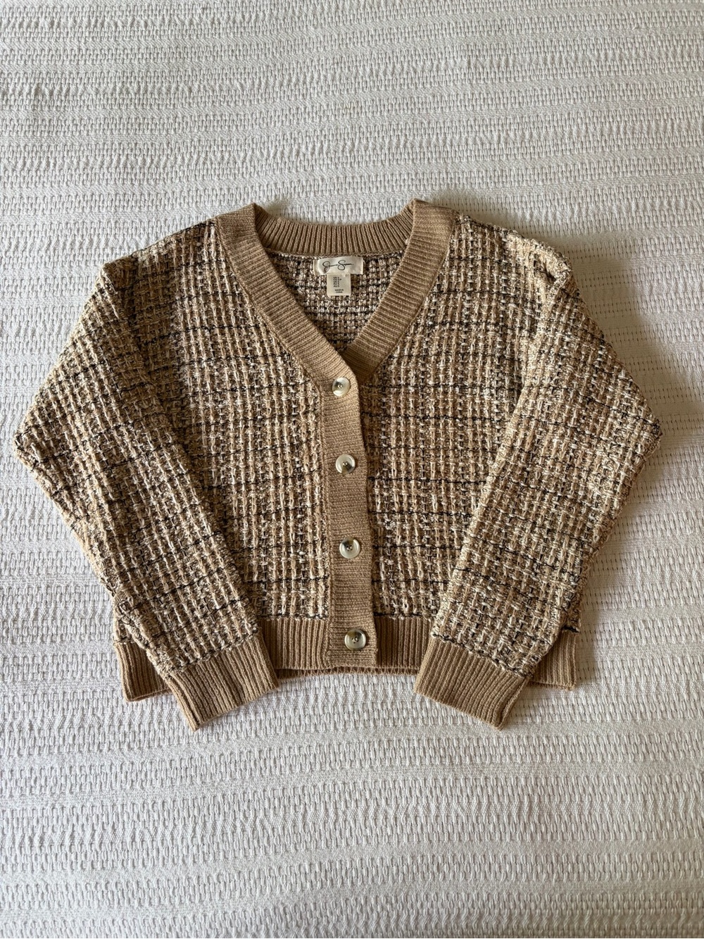Tweed Knit Cardigan Sweater in Camel